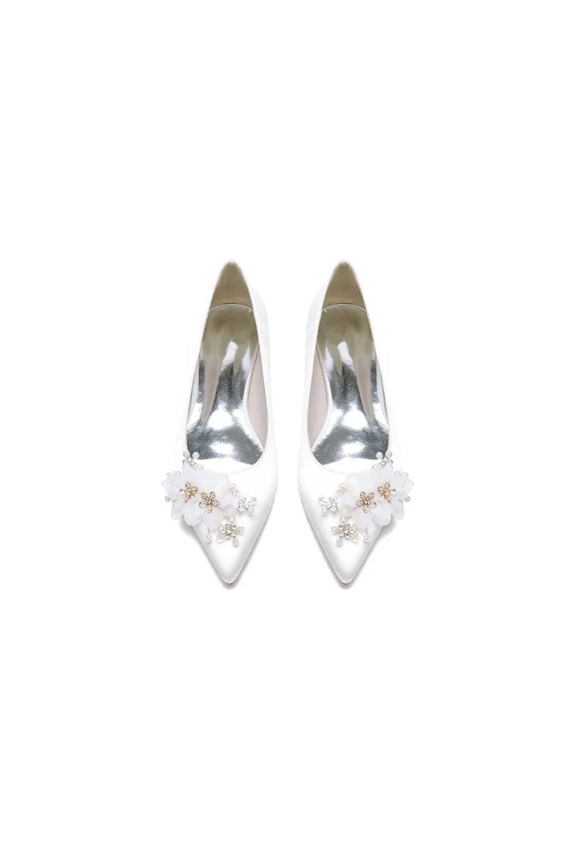Satin Champagne Flats with Delicate Flower Embellishments