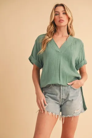 Side Slit V-Neck Short Sleeve Blouse