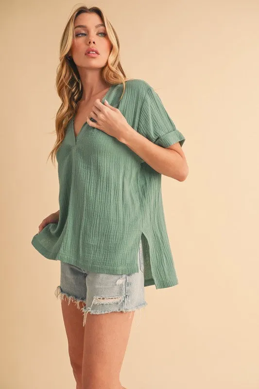 Side Slit V-Neck Short Sleeve Blouse