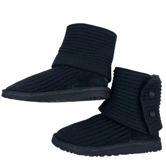 UGG Cardy Knit Buttons Boots Kids Size 5 Suede Foldable Short Tall Black Cozy