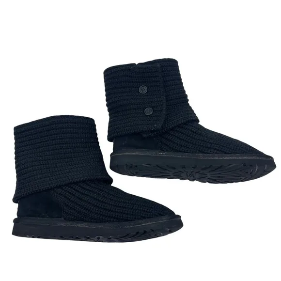 UGG Cardy Knit Buttons Boots Kids Size 5 Suede Foldable Short Tall Black Cozy