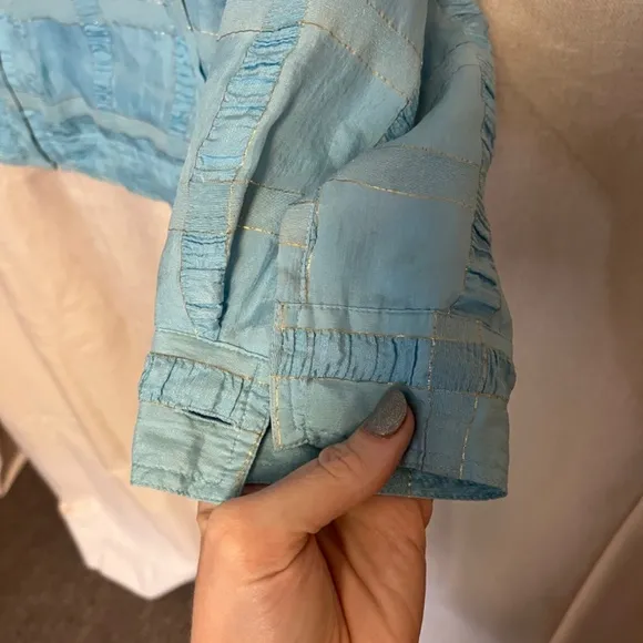 Vintage 1980s Baby Blue and Gold Thread 100% Silk Oversized Bomber Jacket