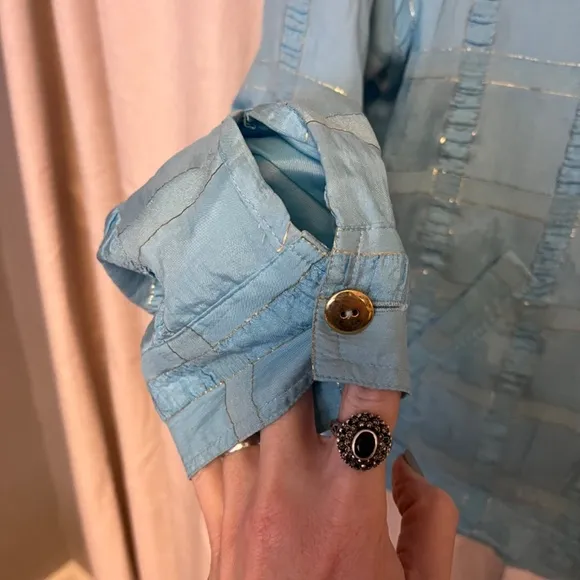 Vintage 1980s Baby Blue and Gold Thread 100% Silk Oversized Bomber Jacket