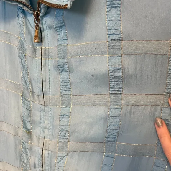 Vintage 1980s Baby Blue and Gold Thread 100% Silk Oversized Bomber Jacket