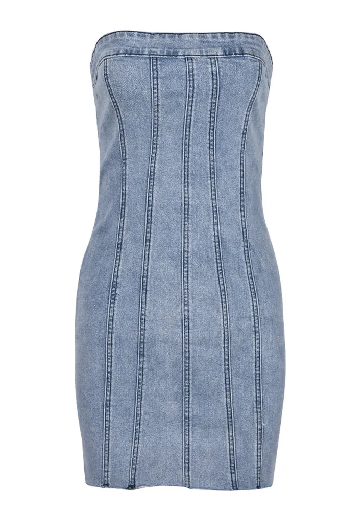 Vintage Distressed Banded Strapless Denim Bodycon Mini Dress - Light Blue