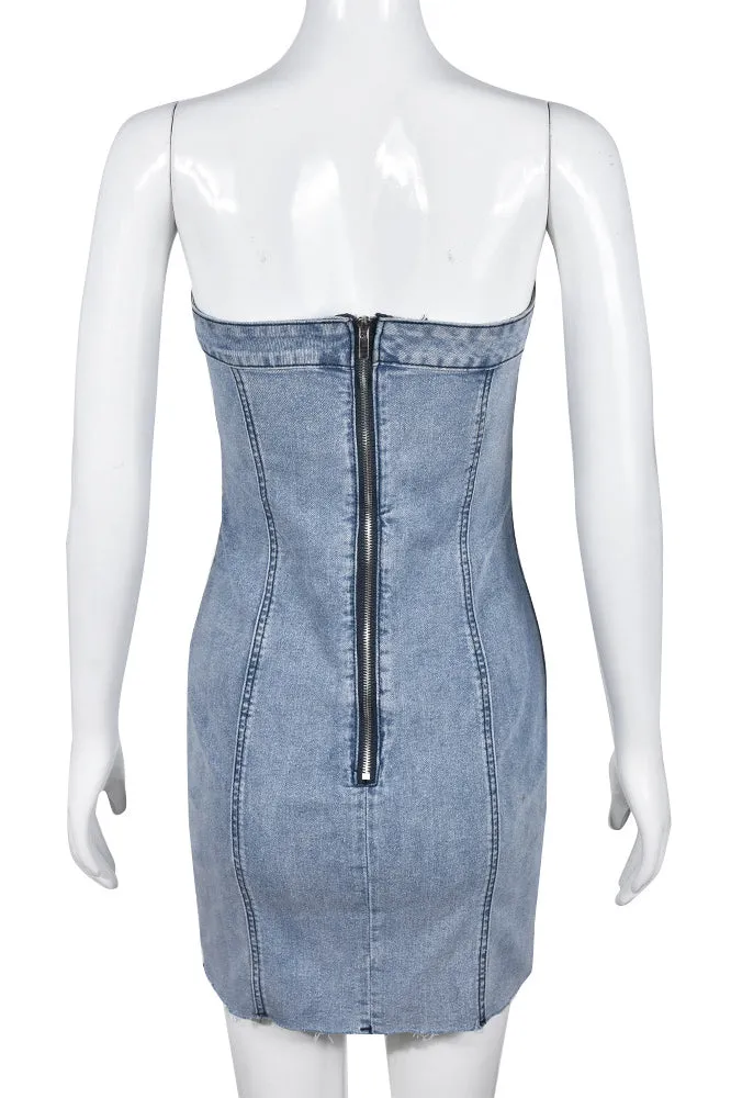 Vintage Distressed Banded Strapless Denim Bodycon Mini Dress - Light Blue