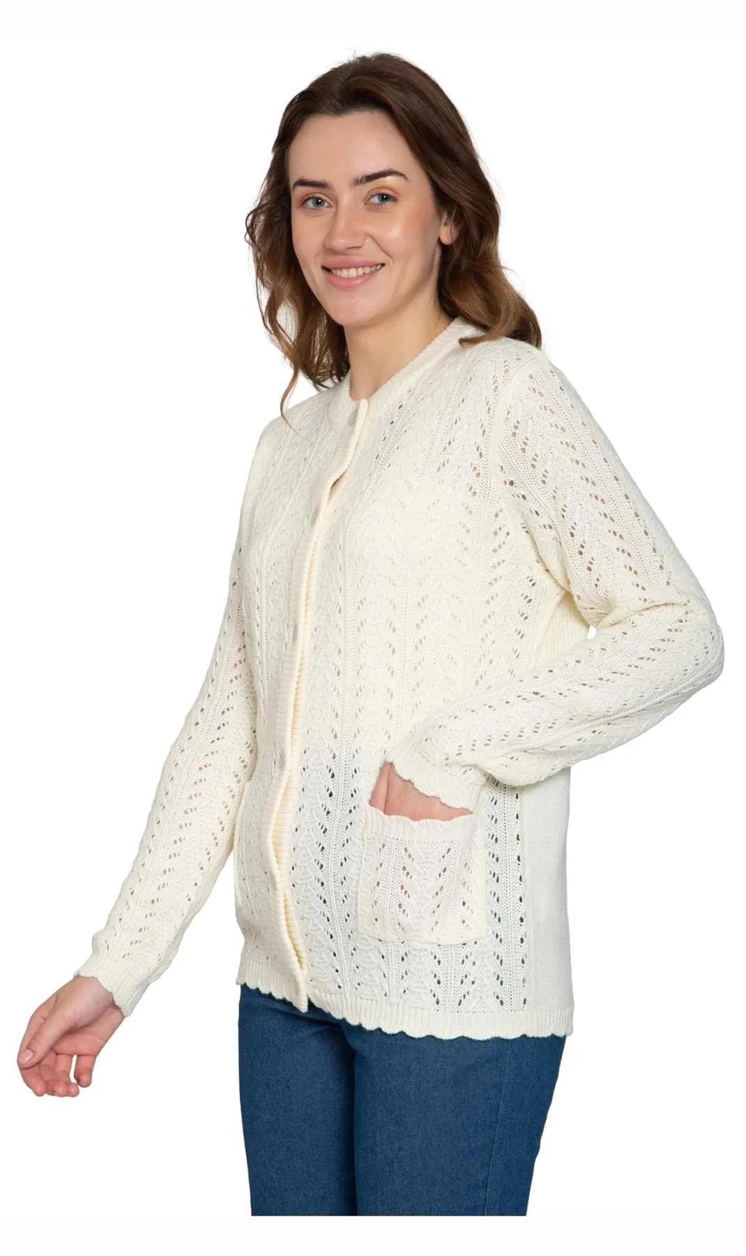 Women's Button Front Pointelle Cardigan in Warm and Soft Acrylic and Two front Patch Pockets