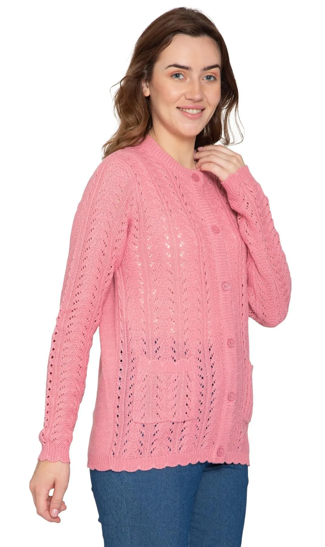 Women's Button Front Pointelle Cardigan in Warm and Soft Acrylic and Two front Patch Pockets