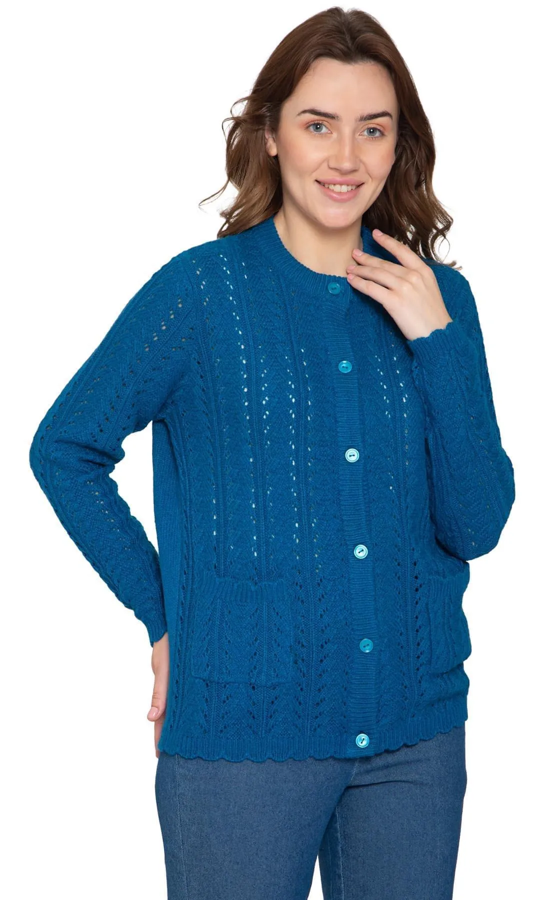 Women's Button Front Pointelle Cardigan in Warm and Soft Acrylic and Two front Patch Pockets
