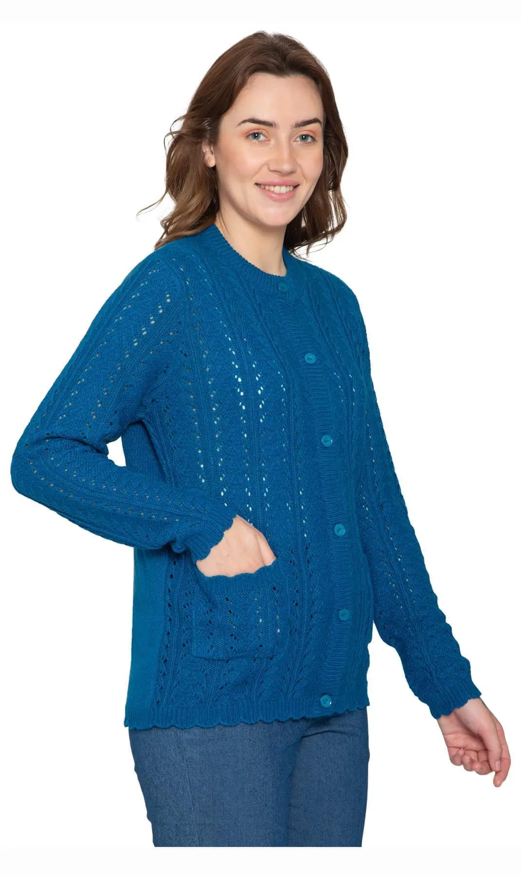 Women's Button Front Pointelle Cardigan in Warm and Soft Acrylic and Two front Patch Pockets