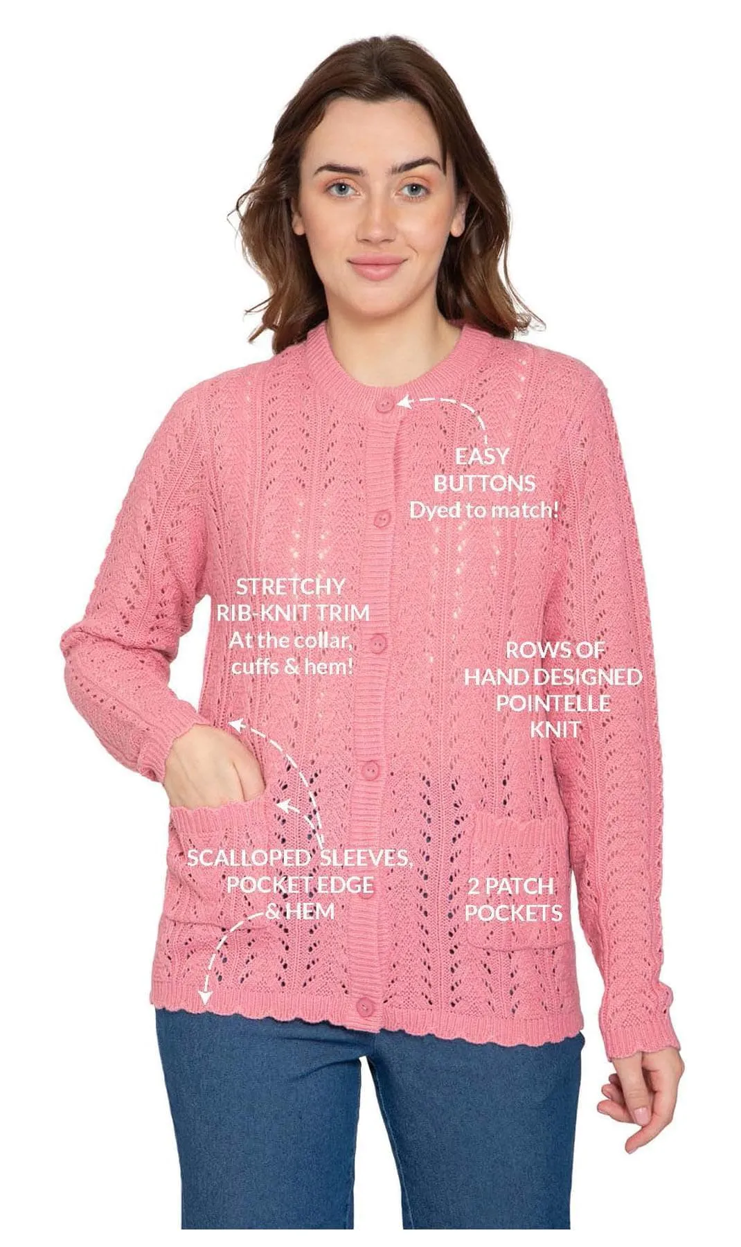 Women's Button Front Pointelle Cardigan in Warm and Soft Acrylic and Two front Patch Pockets