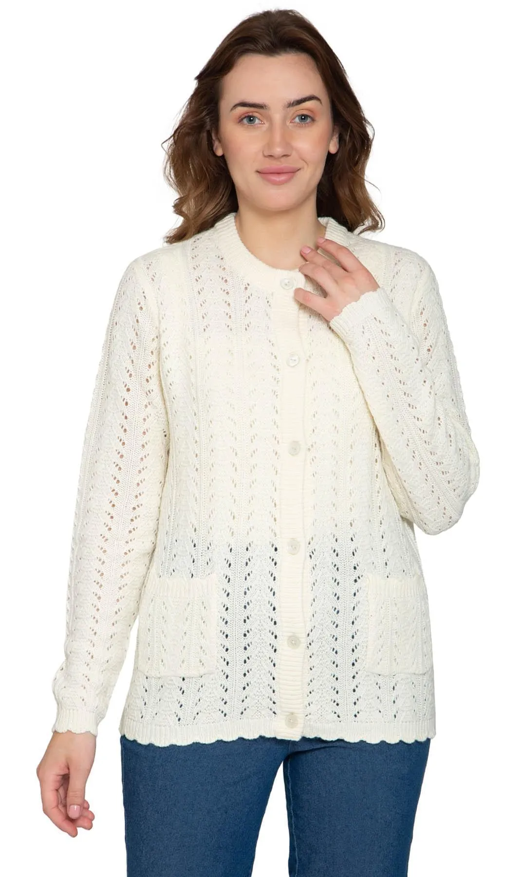 Women's Button Front Pointelle Cardigan in Warm and Soft Acrylic and Two front Patch Pockets