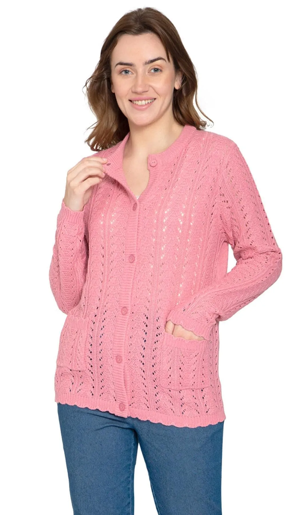 Women's Button Front Pointelle Cardigan in Warm and Soft Acrylic and Two front Patch Pockets
