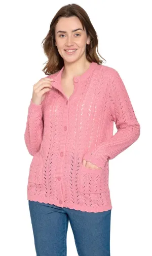 Women's Button Front Pointelle Cardigan in Warm and Soft Acrylic and Two front Patch Pockets