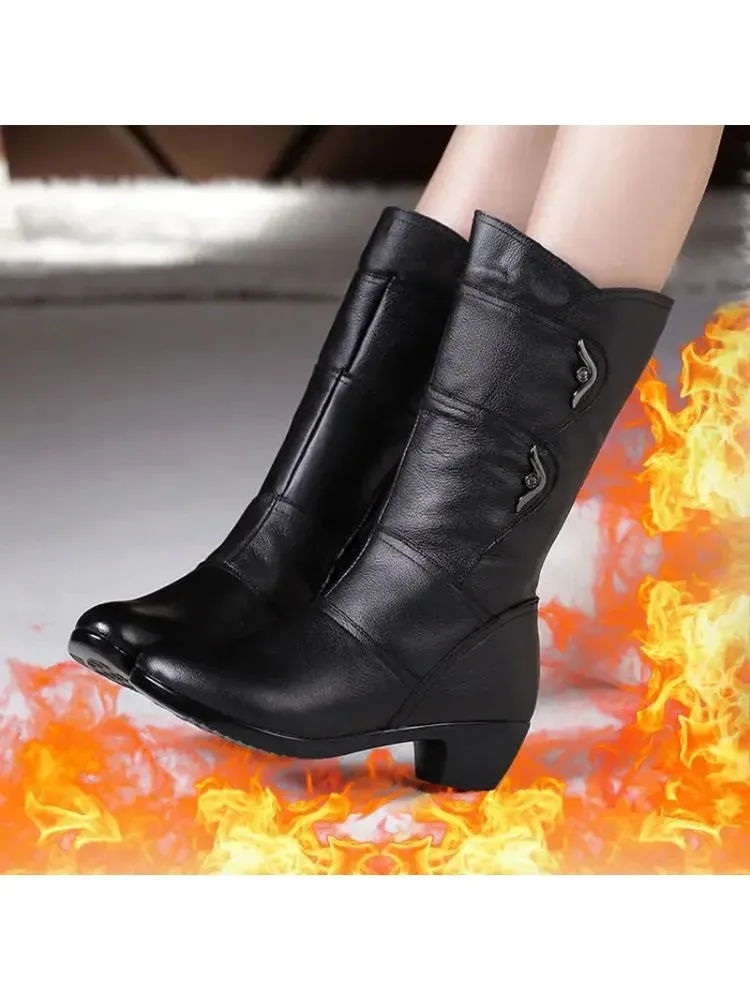 Women's High-Heeled Leather Snow Boots - 2024 Winter Collection