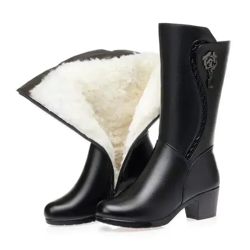 Women's High-Heeled Leather Snow Boots - 2024 Winter Collection
