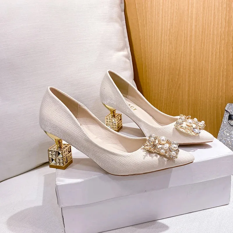 Women's High Heels Pointed Toe with Shaped Heel and Square Buckle, 5cm-7cm Wedding and Banquet Shoes