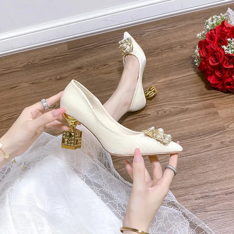 Women's High Heels Pointed Toe with Shaped Heel and Square Buckle, 5cm-7cm Wedding and Banquet Shoes