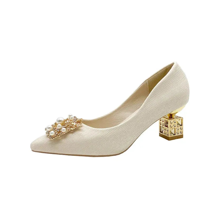 Women's High Heels Pointed Toe with Shaped Heel and Square Buckle, 5cm-7cm Wedding and Banquet Shoes