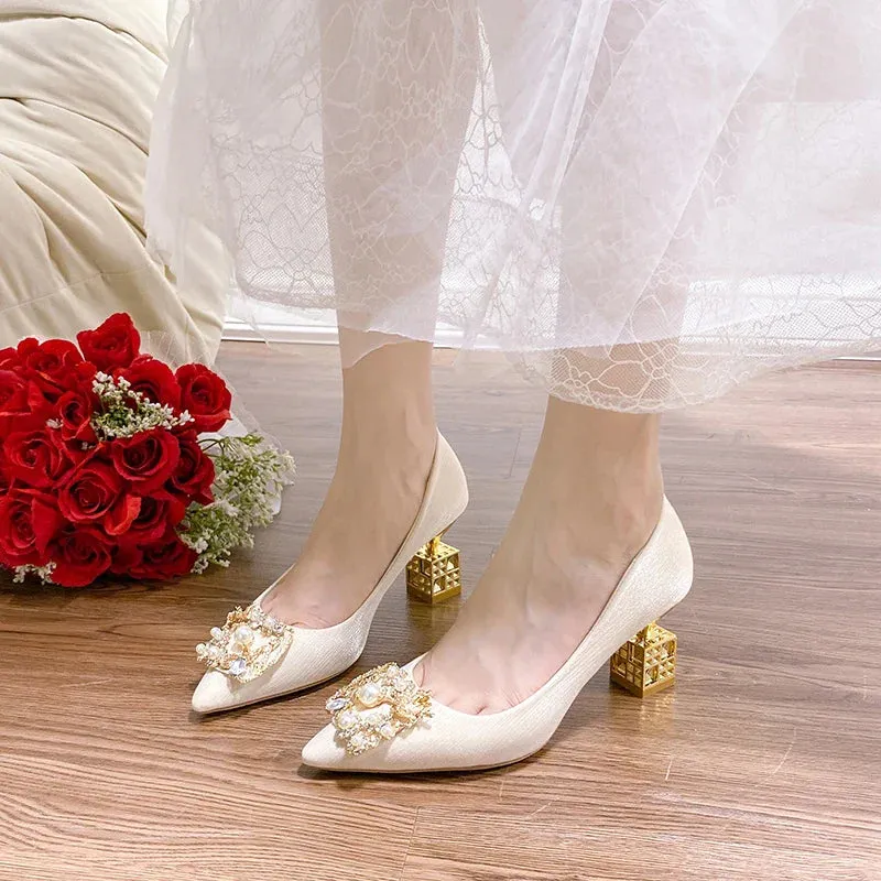 Women's High Heels Pointed Toe with Shaped Heel and Square Buckle, 5cm-7cm Wedding and Banquet Shoes