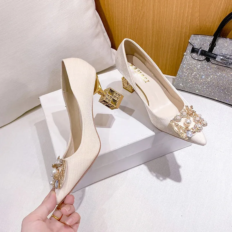 Women's High Heels Pointed Toe with Shaped Heel and Square Buckle, 5cm-7cm Wedding and Banquet Shoes