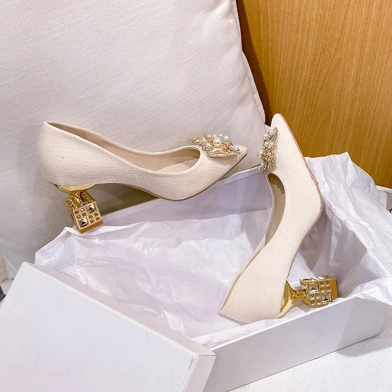 Women's High Heels Pointed Toe with Shaped Heel and Square Buckle, 5cm-7cm Wedding and Banquet Shoes