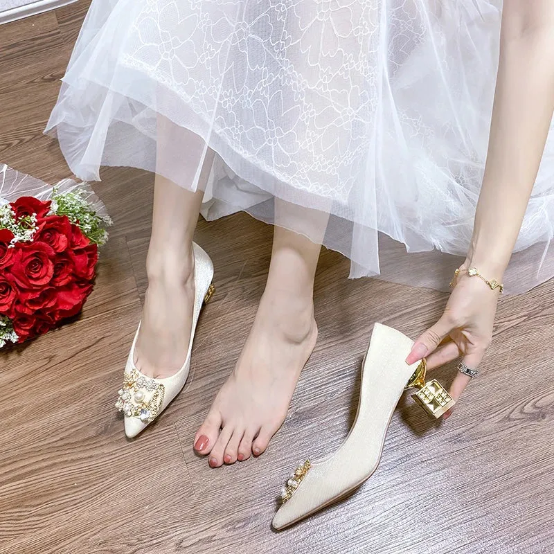 Women's High Heels Pointed Toe with Shaped Heel and Square Buckle, 5cm-7cm Wedding and Banquet Shoes