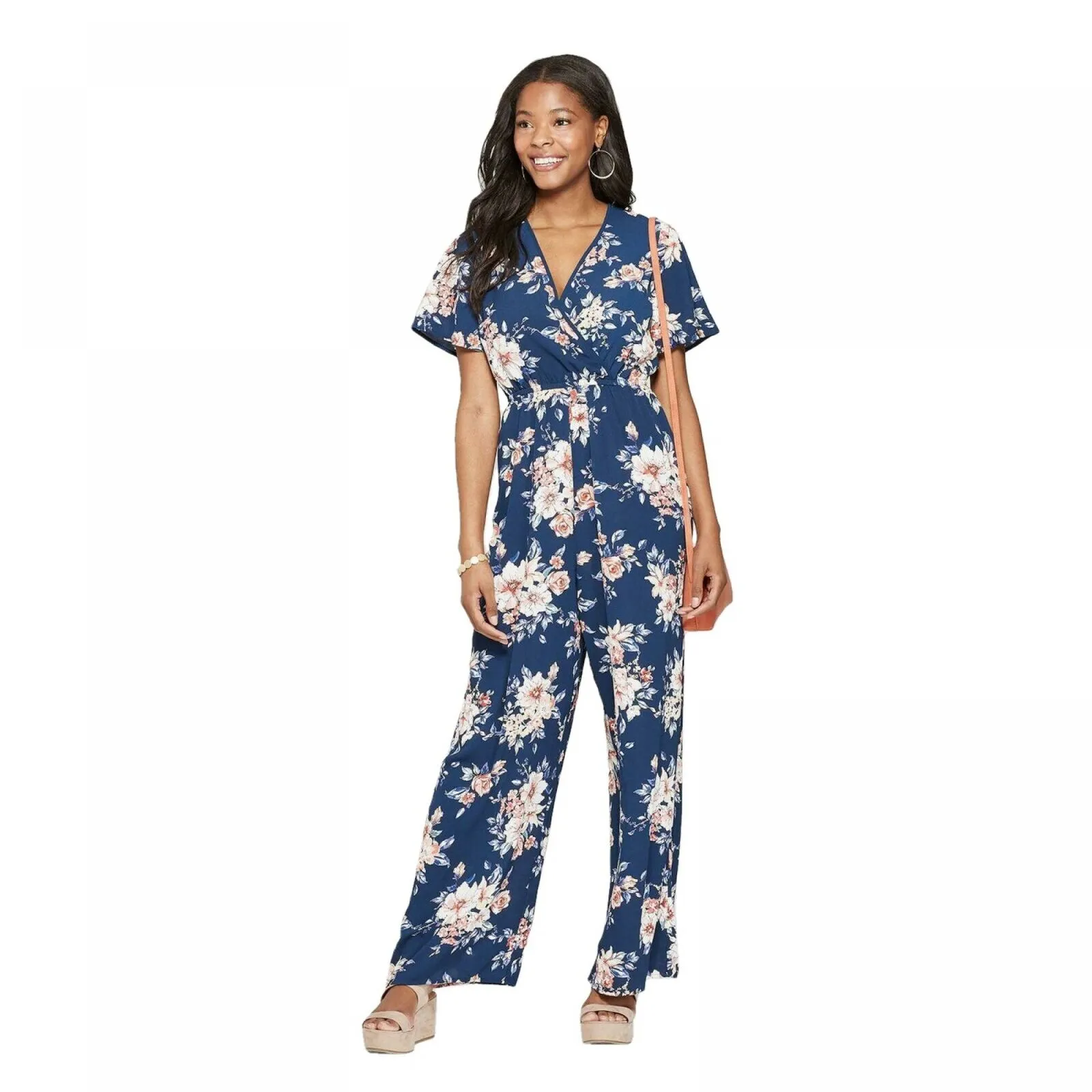 Xhilaration Women's Floral Print Short Sleeve Deep V-Neck Wrap Jumpsuit